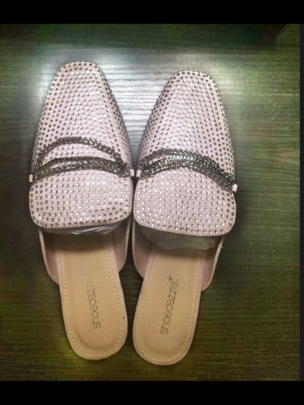 Shoe Dazzle Blush Pink Rhinestone Chain Slip-On Mules